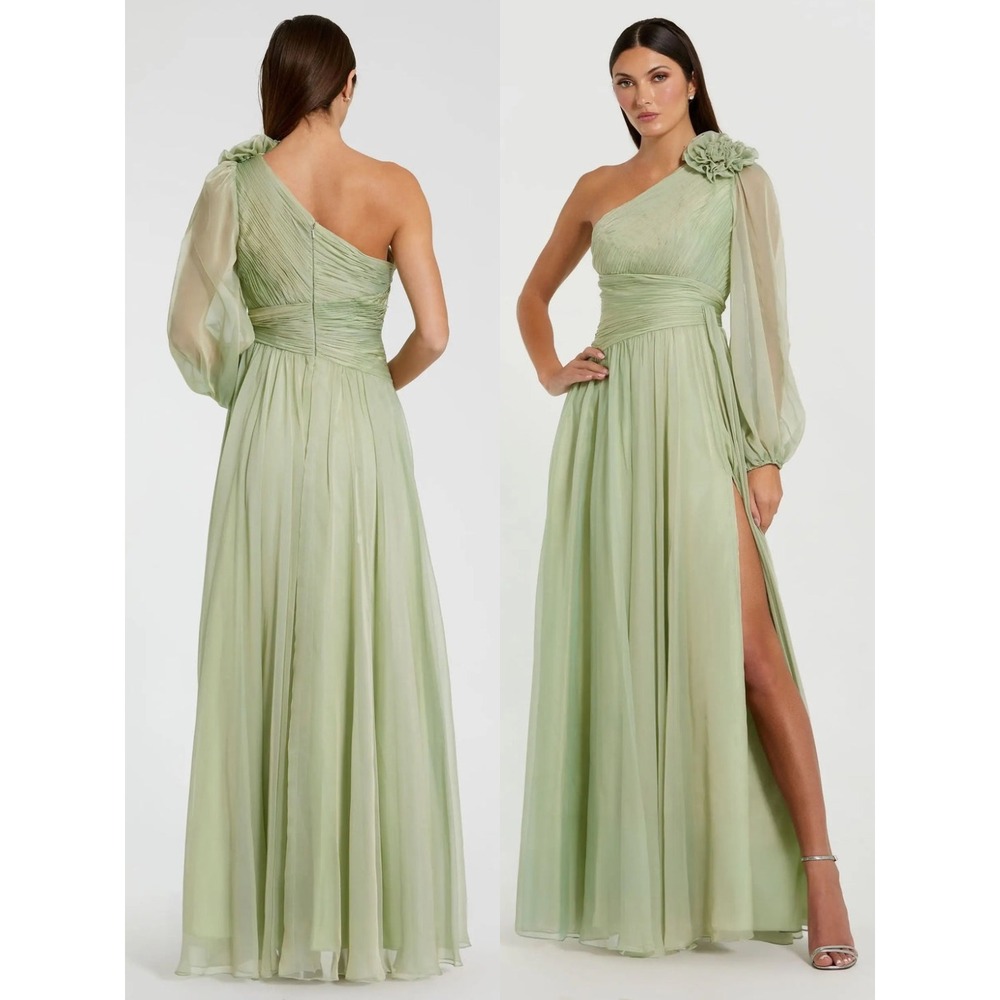 Mac Duggal Green One Shoulder 3D Flower Gown With Slit - Size 8 - Picture 1 of 11